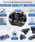 70 Piece Quick Connect Air Hose Fitting Assortment Set Includes Straight Elbow Tee Splitter And Reducer Push To Connect Pneumatic Plastic Air Line Connector Kit Perfect Tool For Machinery And Automotive Gear. Black plastic fittings in organizer, premium material