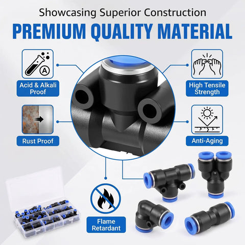 70 Piece Quick Connect Air Hose Fitting Assortment Set Includes Straight Elbow Tee Splitter And Reducer Push To Connect Pneumatic Plastic Air Line Connector Kit Perfect Tool For Machinery And Automotive Gear. Black plastic fittings in organizer, premium material