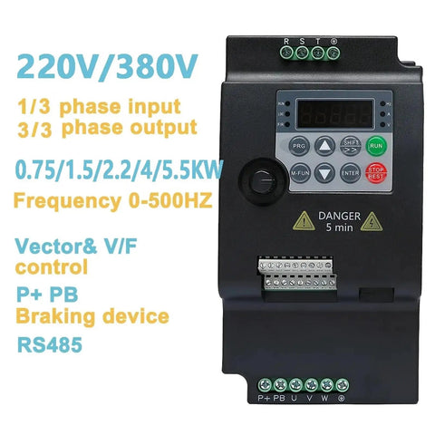 Budget Friendly 220V 380V Variable Frequency Drive Inverter For Bang For Your Buck Speed Control Of 0.75 1.5 2.2 4 5.5KW Motors Three Phase VFD Converter Economical Motor Speed Controller, front view