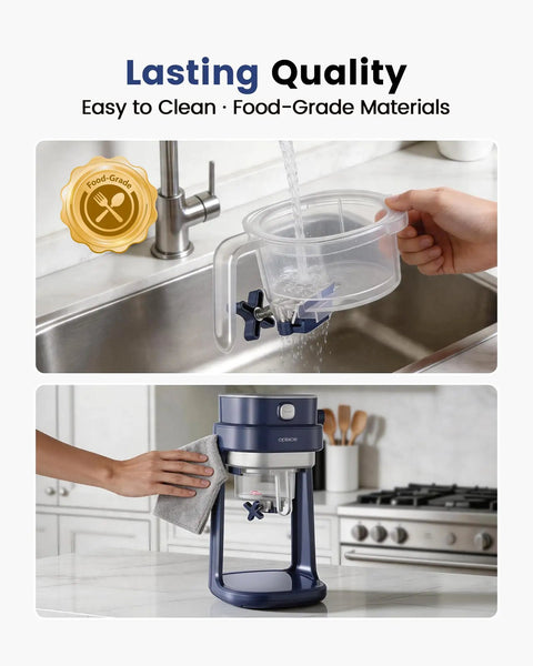 Oplace Home Shaved Ice Machine Electric Snow Cone Maker With Auto Press Button and Blade Adjustment for Slushies Bingsu shown in kitchen with easy clean features.