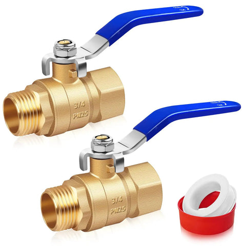 Full Port Three Quarter Inch Beefy Brass Ball Valve 2 Pack, Heavy Duty Forged Shut Off Valves with blue handles, NPT Male To Female