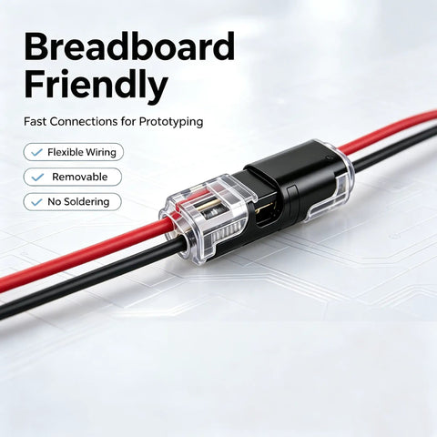 Heat Resistant Push In Wire Connectors With Levers No Fuss Quick Clamp Terminals For Led Strip And Model Wiring Heavy Duty Copper Contacts Smooth Install Bundle Pack on red and black wires.