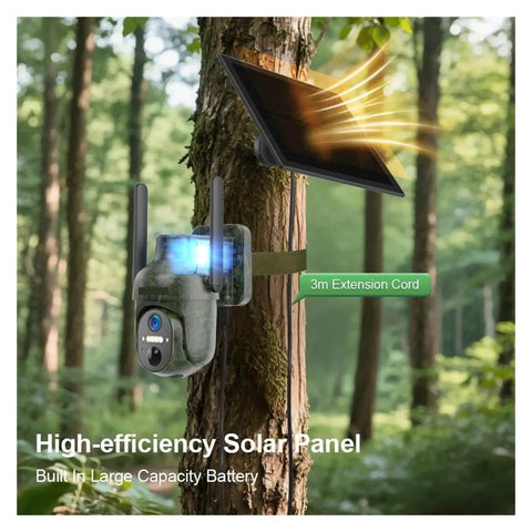 Wireless Solar Security Camera with high-efficiency solar panel, 4G LTE for remote oversight in the forest.