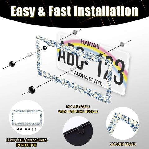 Cool Floral Vintage License Plate Frame Stainless Steel With Holes And Screws Fits Standard US Canada Vehicles 12.3 By 6.3 Inch