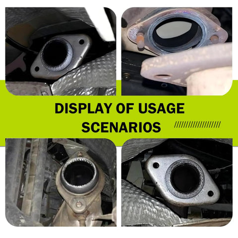 Two-piece graphite exhaust gasket set, 60 mm ID (2.36 in), shows manifold flange gaskets and pipe seals.