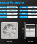 Diagram of Ten Inch Industrial Exhaust Fan With 988 CFM For Garage And Greenhouse Plug In Power Cord And Switch Beefy Airflow For Shop Ventilation To Remove Smoke Odors And Fumes Silver, showcasing fan dimensions and specifications.