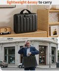 Must-Have Hard Shell Fireproof Document Organizer With Lock, Black, shown on a shelf and carried by a man outdoors.