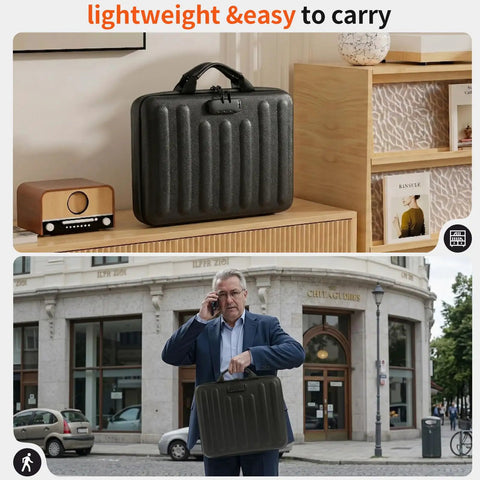 Must-Have Hard Shell Fireproof Document Organizer With Lock, Black, shown on a shelf and carried by a man outdoors.