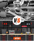 Before and after of Ultimate Garage Gear Up Storage System With Lockable Steel Cabinets And Rolling Tool Chests