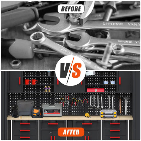 Before and after of Ultimate Garage Gear Up Storage System With Lockable Steel Cabinets And Rolling Tool Chests