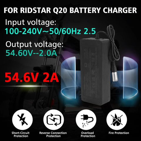 UL Certified Beefed Up Fast Charging 3Pin 48V 2A EBike Battery Charger For Ridstar Q20 Q20 Pro H20 Pro H26 Pro Waterproof Power Adapter