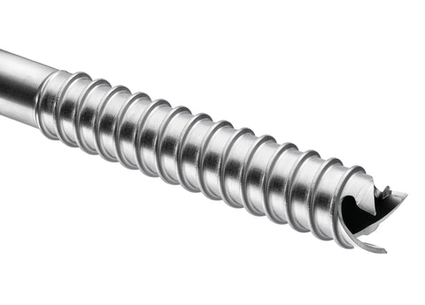 Close-up of Laser Speed Ice Screw With Integrated Crank, Lightweight Steel Ice Climbing Screw tip for fast penetration, 21 cm length.