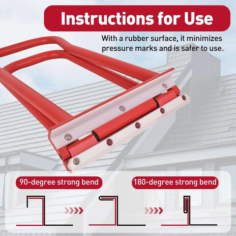 Heavy Duty Standing Seam Roofing Hand Seamer With Rubber Grommets for Lock Seams, shown with instructions and bend angles.
