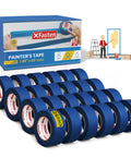 Box and rolls of Blue Painter Tape Bulk 1.88 Inch by 60 Yards 24 Pack 1440 Yards Total Sharp Edge Line Technology displayed