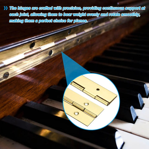 Heavy Duty Piano Hinge 36 Inch Long 2 Inch Wide Stainless Steel Continuous Door Hardware With Screws Gold Tone Finish For Cabinets shown on a piano, detailing smooth motion and precision design.