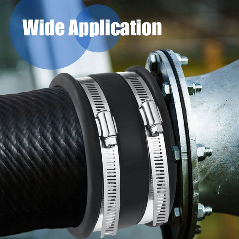 Close-up of Six Pack 4 Inch Dust Control Flex Cuffs with Stainless Steel Hose Clamps connecting metal piping system