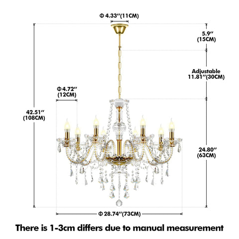 Gold Color Luxurious Crystal Chandelier With K9 Crystal Drops, size dimensions, eight lights shown with measurements, for living room or dining area.