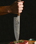 Hand holding 8 Inch Damascus Chef Knife 33 Layer Copper Pattern V Shaped Blade above raw meat with herb garnish.
