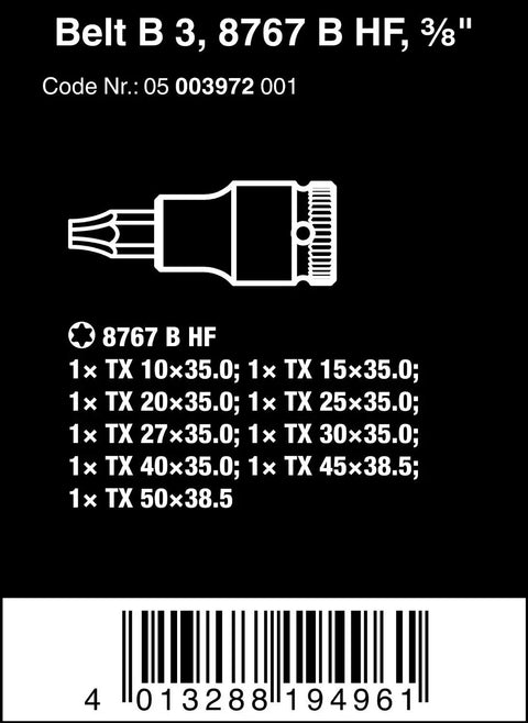 Details of Belt B 3 TORX Bit Socket Set With Holding Function For Screws And Bolts, 3/8 Inch Drive, 9-Piece On A Rugged Textile Belt