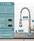 Diagram showing dimensions and installation info for Kitchen Faucet With Soap Dispenser, Single Hole Pull Down Sprayer, LED Temperature Color Change