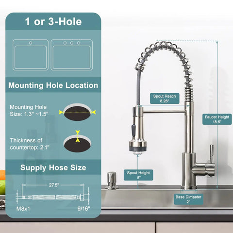 Diagram showing dimensions and installation info for Kitchen Faucet With Soap Dispenser, Single Hole Pull Down Sprayer, LED Temperature Color Change