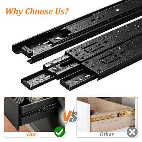 Comparison of Beefy Heavy Duty 100 Lbs Drawer Slides With 3 Section Full Extension and standard slides, showing advantages