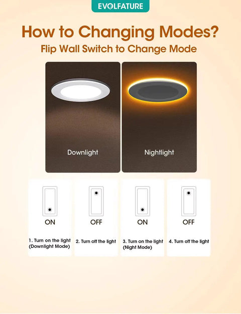 Instruction image showing mode switch for Ultra Thin 6 Inch LED Recessed Lights With Night Light, 14W 1300 Lumen, 5CCT Dimmable.