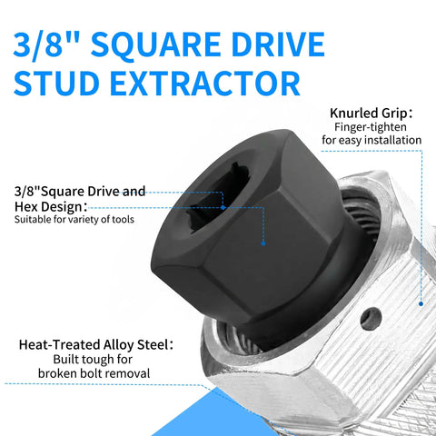 3/8" square drive stud extractor with hex design, knurled grip, and heat-treated alloy steel for broken bolt removal.