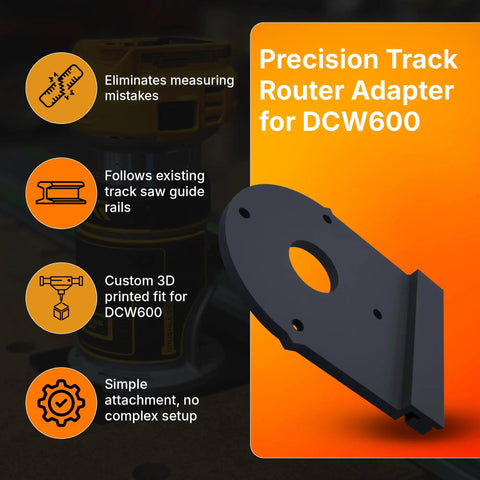 Router Rail Adapter For DeWalt DCW600 with precision track guide and custom fit, showcased with orange background graphics.
