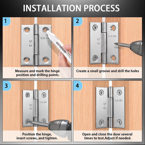Installation steps for 2 Inch Stainless Steel Butt Hinges Six Pack With 36 Screws 270 Degree Opening 304 Stainless Small Cabinet Hinges