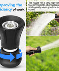 SPECILITE 5/8-inch black heavy-duty rubber garden hose with high-flow nozzle; water spraying outdoors.