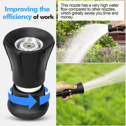 SPECILITE 5/8-inch black heavy-duty rubber garden hose with high-flow nozzle; water spraying outdoors.