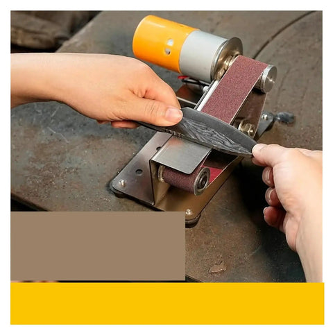 Compact Mini Belt Sander Machine For DIY Knife Sharpening And Polishing, user sharpening knife on workspace.