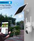 Solar Powered Wireless Outdoor Security Camera With 355 Degree Pan Tilt, 1080P Night Vision, mounted with solar panel outdoors.