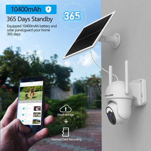 Solar Powered Wireless Outdoor Security Camera With 355 Degree Pan Tilt, 1080P Night Vision, mounted with solar panel outdoors.