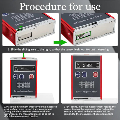 Procedure for use view of Portable Surface Roughness Tester With 0.01 μm Accuracy, Compact Profilometer For Ra/Rq 0.05 To 15.0 μm And Rz/Rt 0.1 To 50.0 μm, Rechargeable With Standard Calibration Block, On-The-Go Precision Gauge For Metals, Plastics, Ceramics.