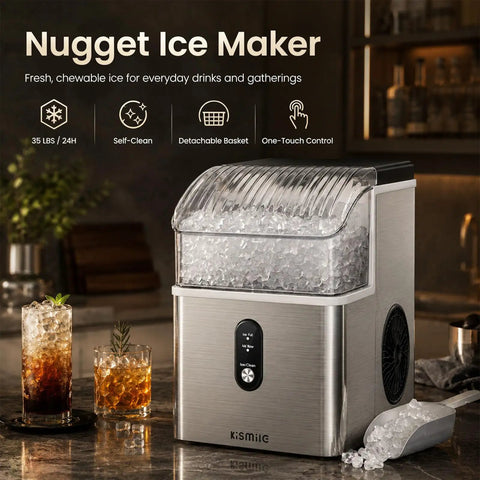 Top Tier Countertop Nugget Ice Maker Churns Out 35 Pounds Of Chewable Pebble Ice In Just Seven Minutes With Self Cleaning Design And Removable Basket For Everyday Chill Sessions In Silver on a countertop.