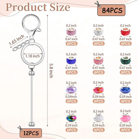 84Pcs Beadable Keychains Set With 12 Bendable Keychains, 36 Silicone Beads, And 36 Spacer Beads For DIY Keychain Making Kit size details