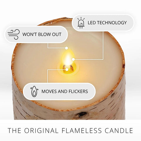 Flameless Birch Bark Wrapped Pillar Candle With Moving Flame LED Lights, Battery Operated And Unscented, Ideal Indoor Decor