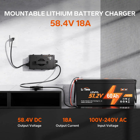 58.4V 18A LiFePO4 Battery Charger For 48V Systems, mounted on a wall, connected to a 51.2V 60Ah battery, showing charge status.