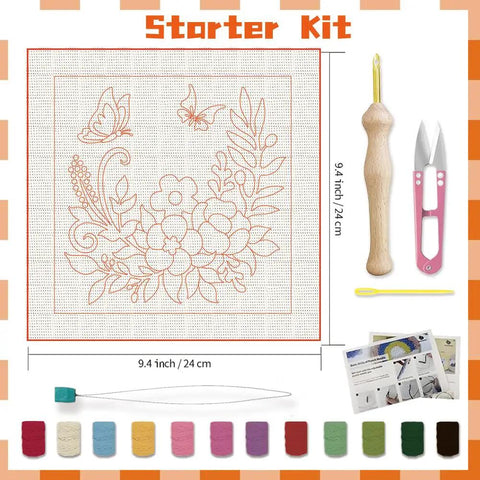 Two Pack Flower Butterfly Punch Needle Kit Set With Frames For Beginners, Includes 12 Yarn Colors, Hook, Pattern and Tools