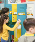 Children using lockers labeled with School Bus Themed Desk Name Tags Set With 36 Self Adhesive Name Plates For Classrooms.