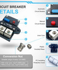 Heavy Duty 100 Amp Circuit Breaker With A No Hassle Manual Reset Lever Waterproof Housing And Rock Solid Terminals Rated For Rvs Boats Trolling Motors Truck Gear Solar Banks And Dc Battery Pack Installations details with components and features.