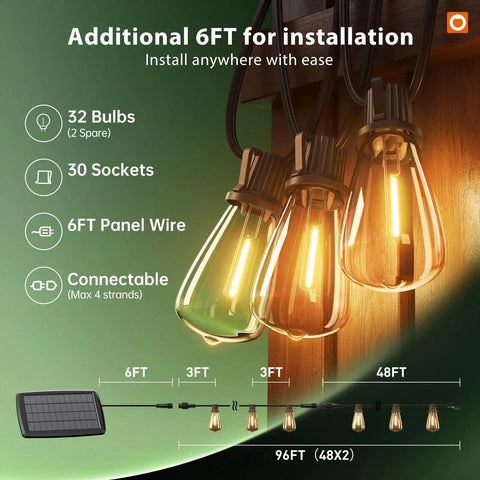 Outdoor Solar String Lights 96 Ft With Remote Control 30 LED Bulbs Dimmable And Timable Waterproof Patio Yard Garden Gazebo Lights No Outlet Needed Detachable Solar Panel For Backyard Hangouts, diagram and close-up of illuminated bulbs