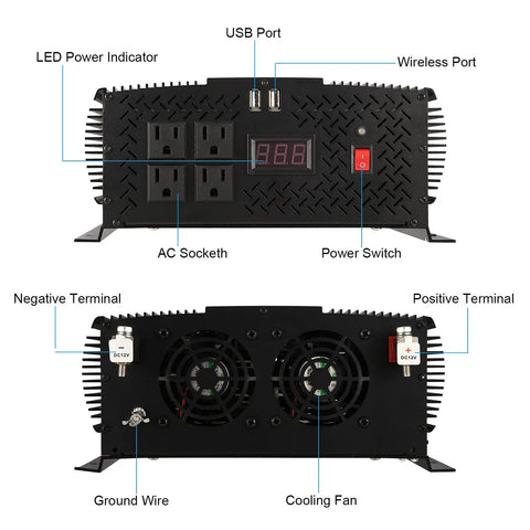 Heavy Duty 5500W Power Inverter 12V to 110V Converter With LCD Display showing AC outlets, USB ports, power switch, and cooling fans.