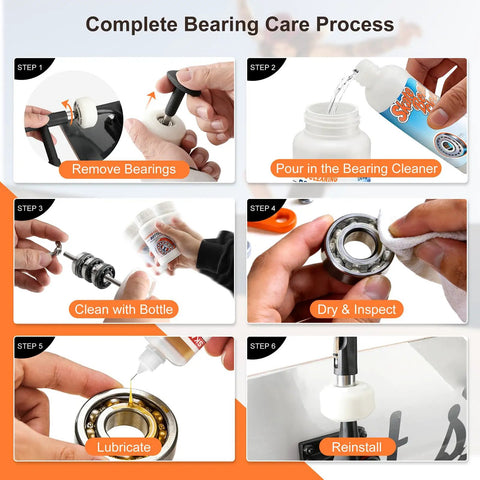 All In One Skate Bearing Cleaning Kit Portable Maintenance System With Cleaning Bottle 200ml Cleaner 100ml Lubricant Oil steps