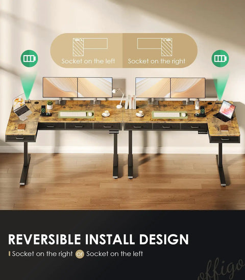 Double setup of 63 Inch L Shaped Electric Standing Desk With Four Fabric Drawers For Home Office Corner Setup Provides Extra Storage And Power Outlets Height Adjustable Sit Stand Table In Rustic Brown with reversible socket design