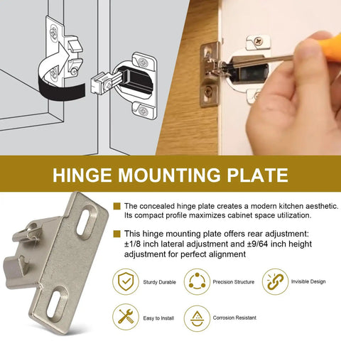 Pro Grade Three Pack Cabinet Hinge Mounting Plates Built For 1 5/8 Inch Overlay Doors, showing installation process with screwdriver.