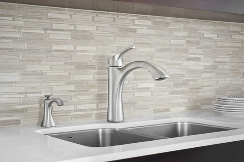 Modern kitchen setup with Dope Chrome Kitchen Soap Dispenser, Deck Mounted With Above-Sink Refillable 18 Oz Bottle next to faucet