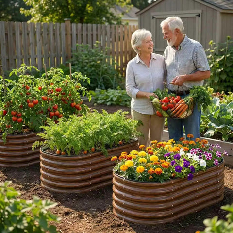 Elderly couple harvesting veggies next to oval raised garden beds in backyard. Product: Three Piece Open Base Galvanized Metal Raised Garden Bed Kit.